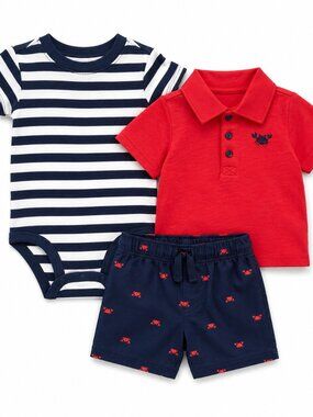 NWT Carter’s Baby Boy 3 Piece Summer Outfit Set Crab Polo Shirt Shorts & Striped